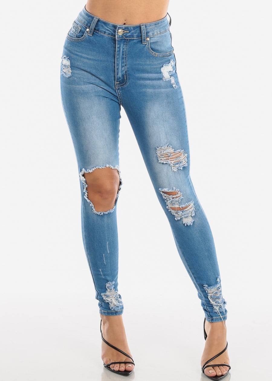 Moda Xpress Womens Skinny Jeans High Waisted Ripped Torn Light Wash