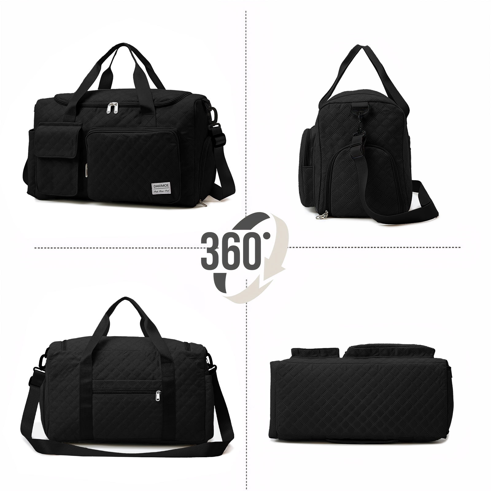 DAKIMOE Travel Duffle Bag for Women Men, Weekender Overnight Bags Carry on Gym Bag with Wet Pocket/Adjustable Strap/Shoe Compartment, Foldable Waterproof Duffel Tote for Plane Sports Dance, Black