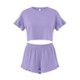 thumbnail image 4 of Jerdar Women's Ruffle Flounce Loose Fit Pajama Set Short Sleeve Crop Top and Shorts Soft Casual Sleepwear L, 4 of 5