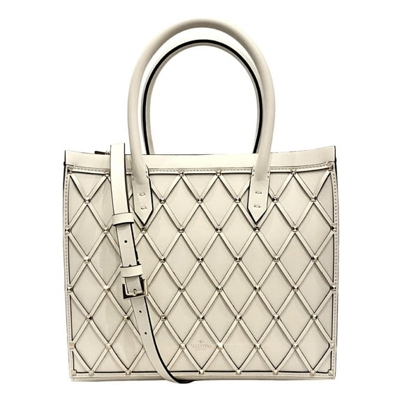 New Valentino Garavani Beehive Lattice Ivory Studded Leather Crossbody Tote Bag