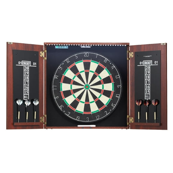 KFFKFF Dartboard and Cabinet Set, Ready to Play, Official Size Cabinet, Storage Cabinet for Steel-tip Darts, LED Lighting, Easy Assembly