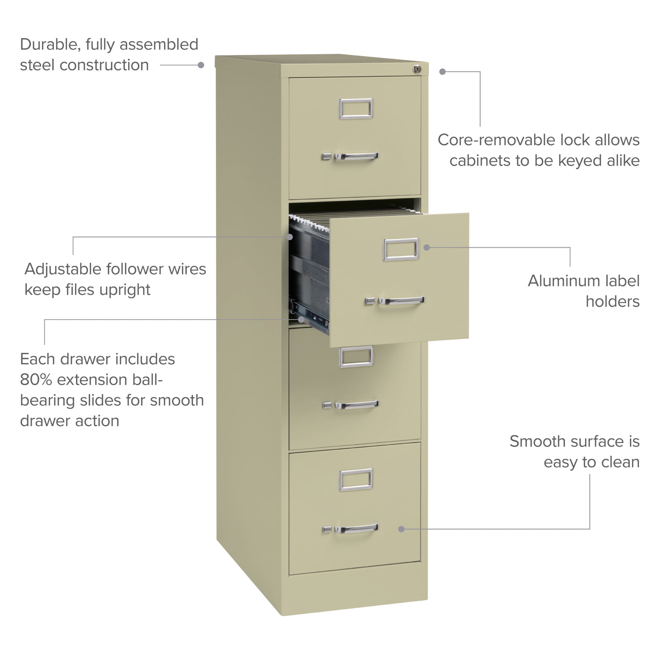Hirsh Pro 4 Drawer Letter Locking Metal Vertical File Cabinet, 25" Deep, Putty