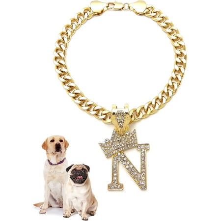 Icemond Rhinestone Studded Initial Pendant 18  Cuban Chain Fashion Costume Jewelry Necklace for Dogs Cats in Gold Rhodium Tone