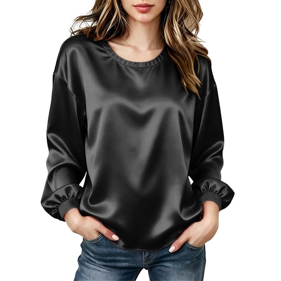 cocolona Womens Elegant Satin Crew Neck Blouse Long Sleeve Solid Color Dressy Shirts Business Office Work Tops