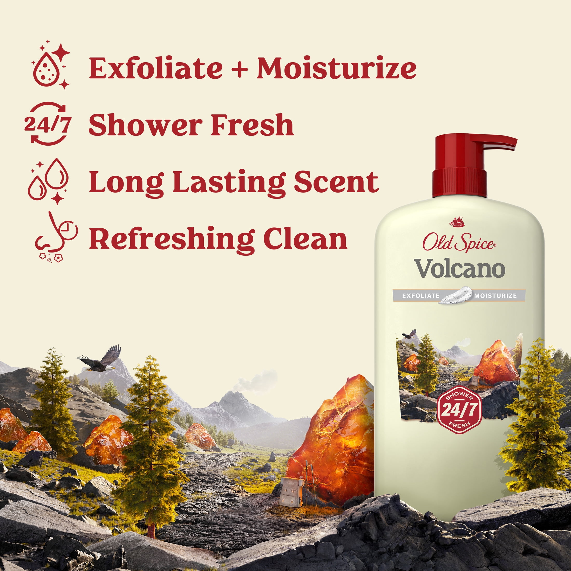 (4 pack) Old Spice Men's Body Wash for Men, Volcano Scent, 24/7 Shower Fresh, Exfoliation, 30 fl oz