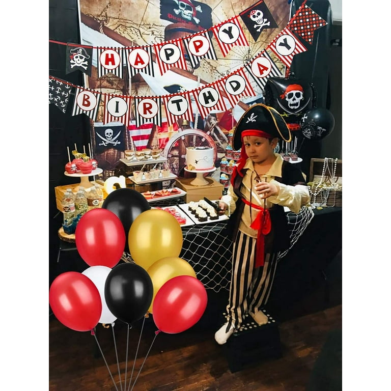 MMTX Pirate Balloons Arch Kit, Pirate Red Black Birthday Party Decorations  with Pirate Tattoo Flags Pirate Ship Balloons for Pirates Theme Boy