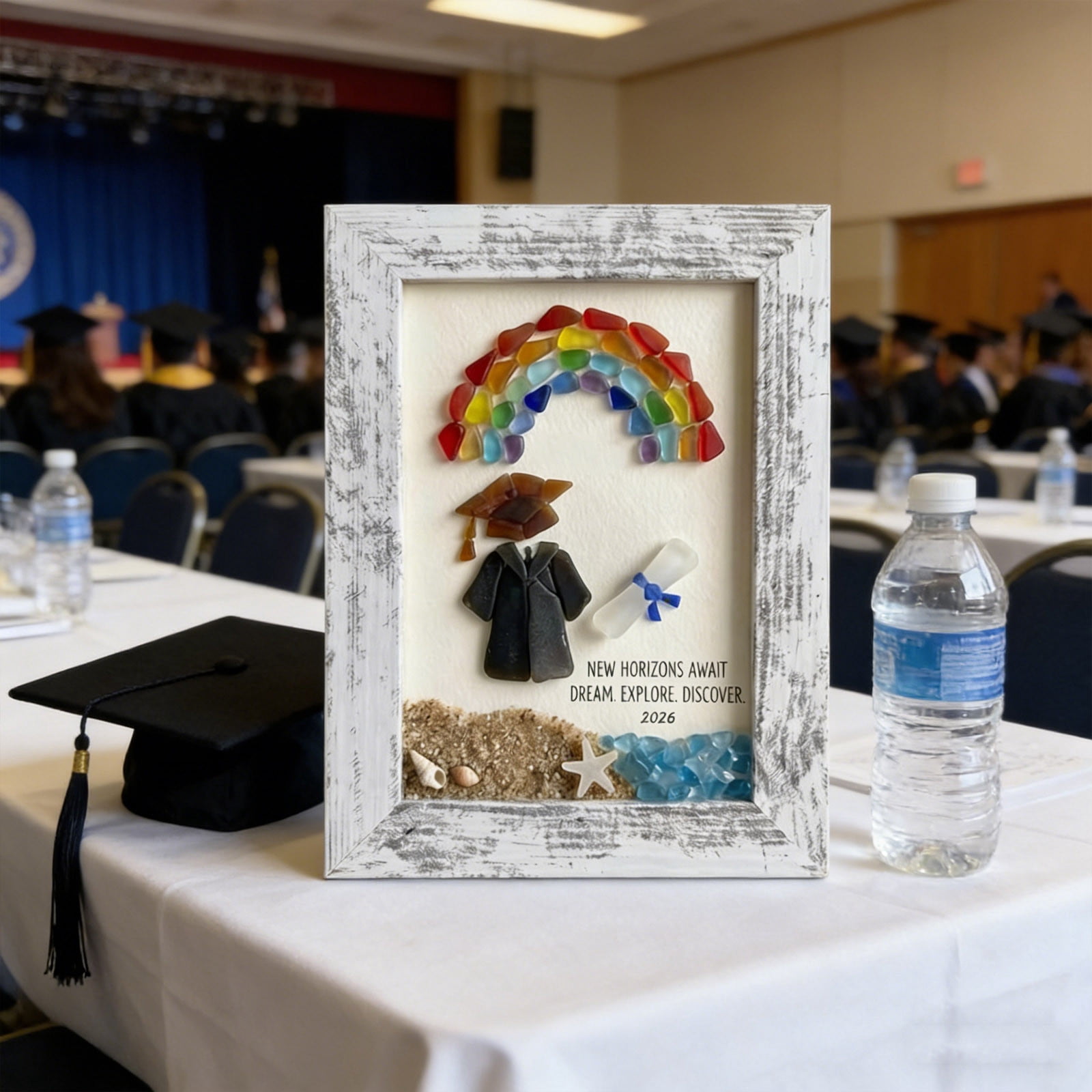 Tusihei 2Pcs Sea Glass Graduation Art, Graduation Keepsake Gift, Graduation Keepsakes Frame with Rainbow Turtle Cap Coastal Decor for Women Men Graduates