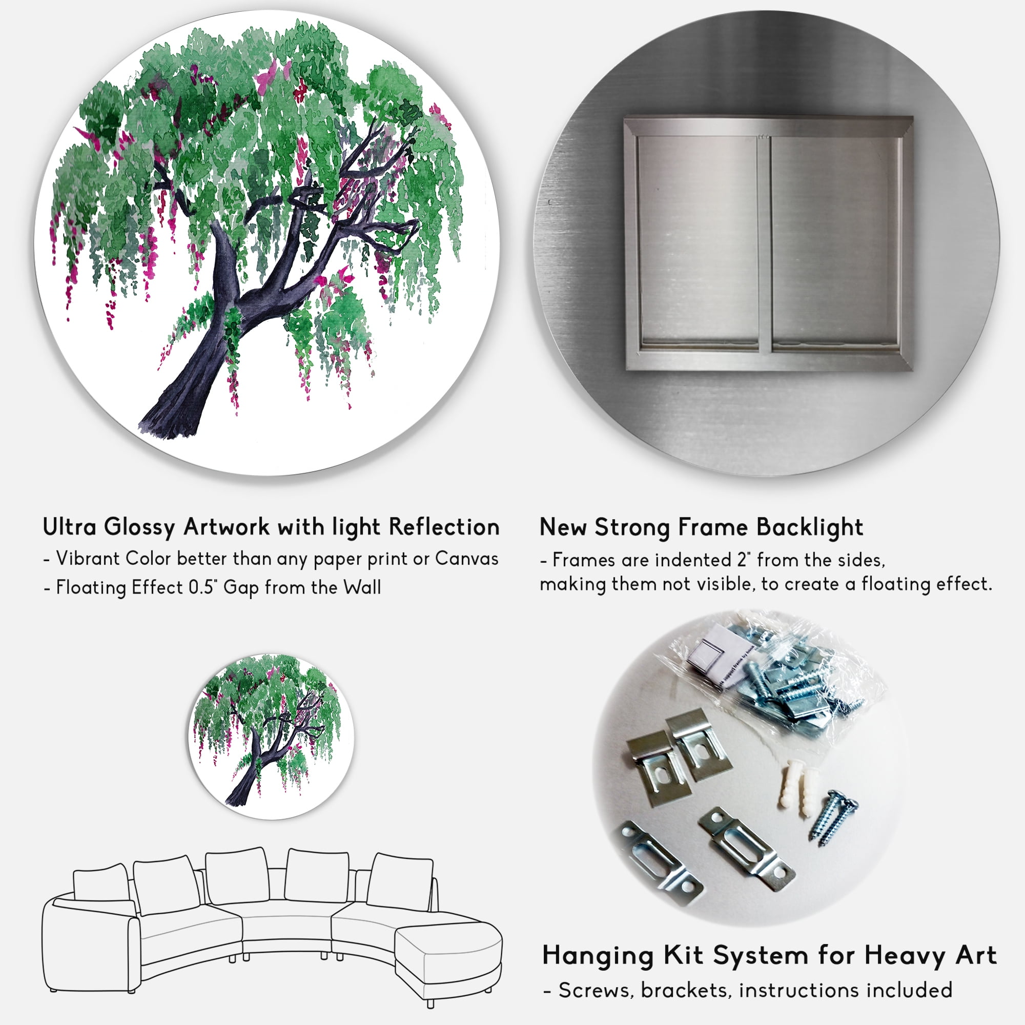 Designart 'A Lonely Tree of Wisteria' Traditional Circle Metal Wall Art 11x11 - Disc of 11