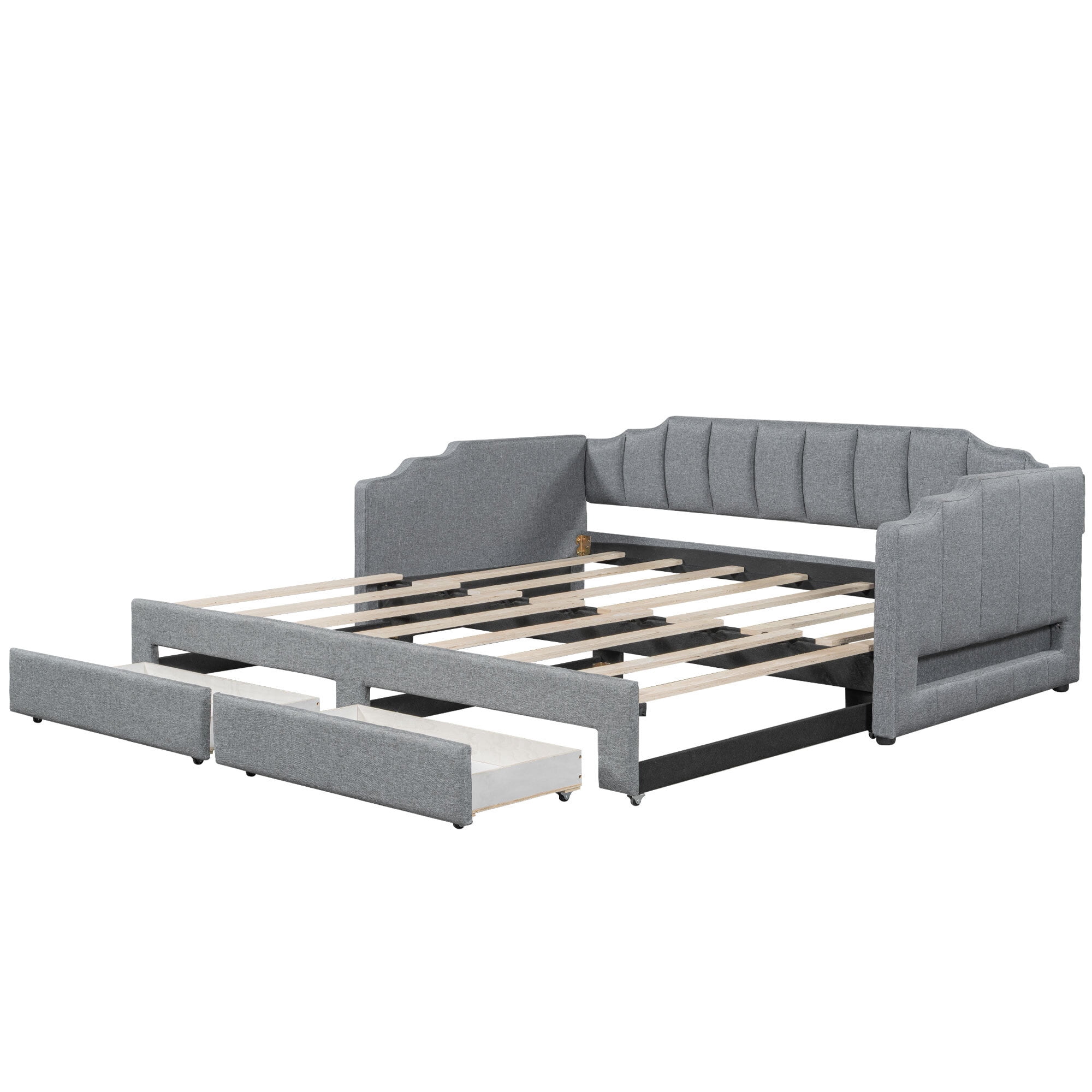 Euroco Upholstery Twin XL Extendable Daybed with Drawers & LED Lights, Convertible to King Size, Modern Beige Fabric, Multi-Functional Sleeper Sofa, Gray