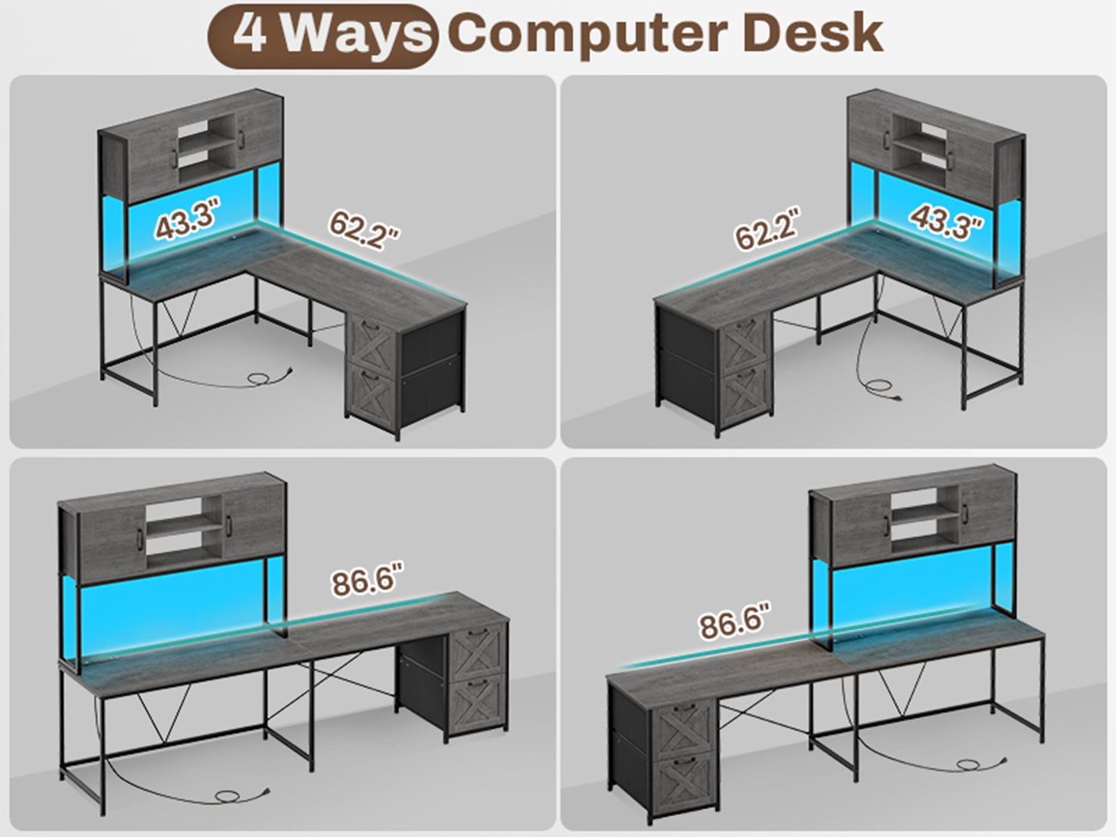 SEDETA L Shaped Gaming Desk, Reversible Computer Desk with Fabric Drawers and Power Outlet, Gaming Desk with Led Lights, Hutch and Storage Shelf for Home Office, Grey