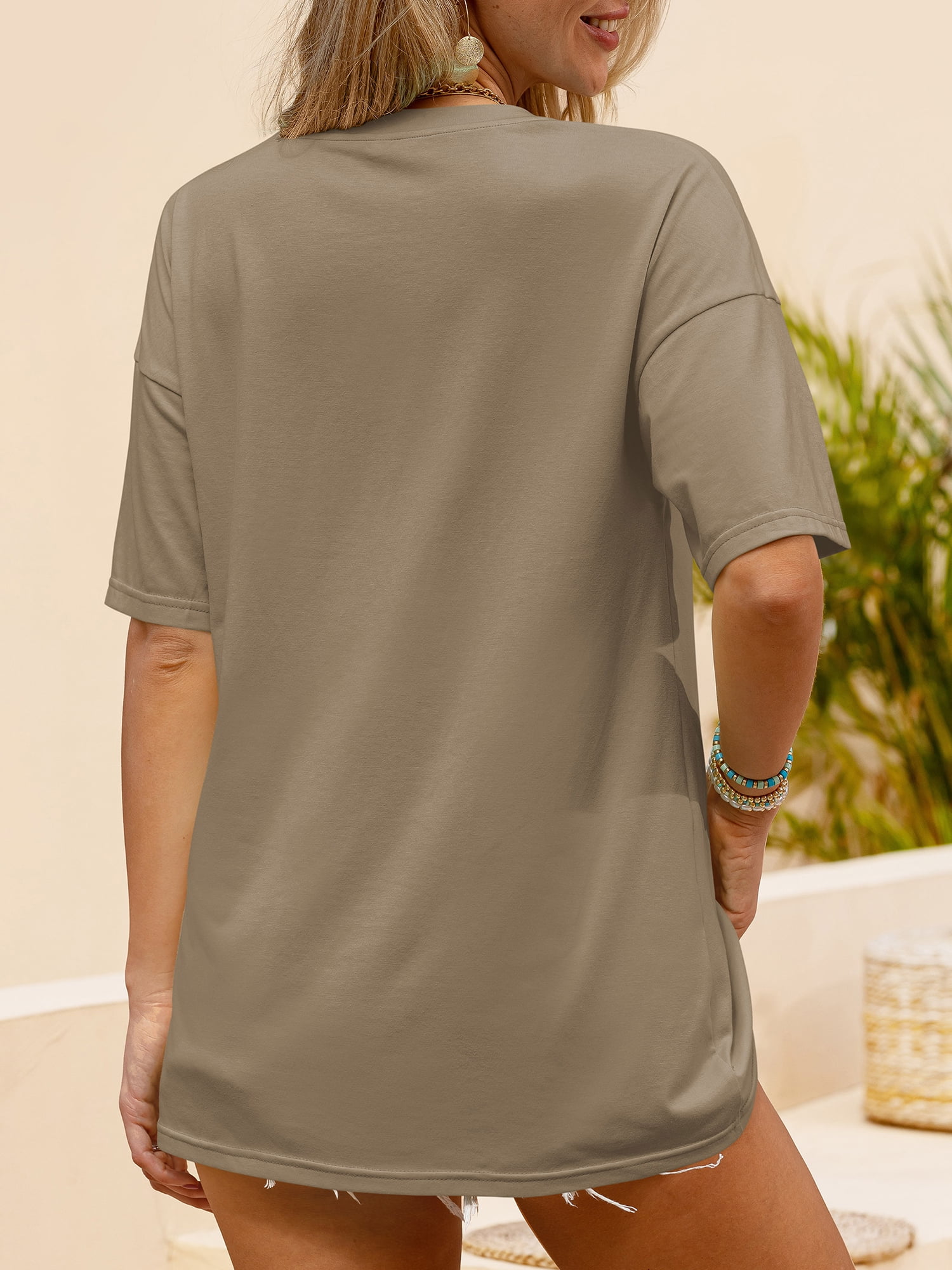 Fancyglim Women's V Neck Tunic Tops Cozy Oversized Tee Shirt Blouse Khaki XL
