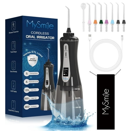 MySmile LP201 OLED Cordless Water Flosser for Teeth Braces, Gums, Dental Hygiene, Portable Power Oral Irrigator, 5 Modes, 8 Jet Tips, Black