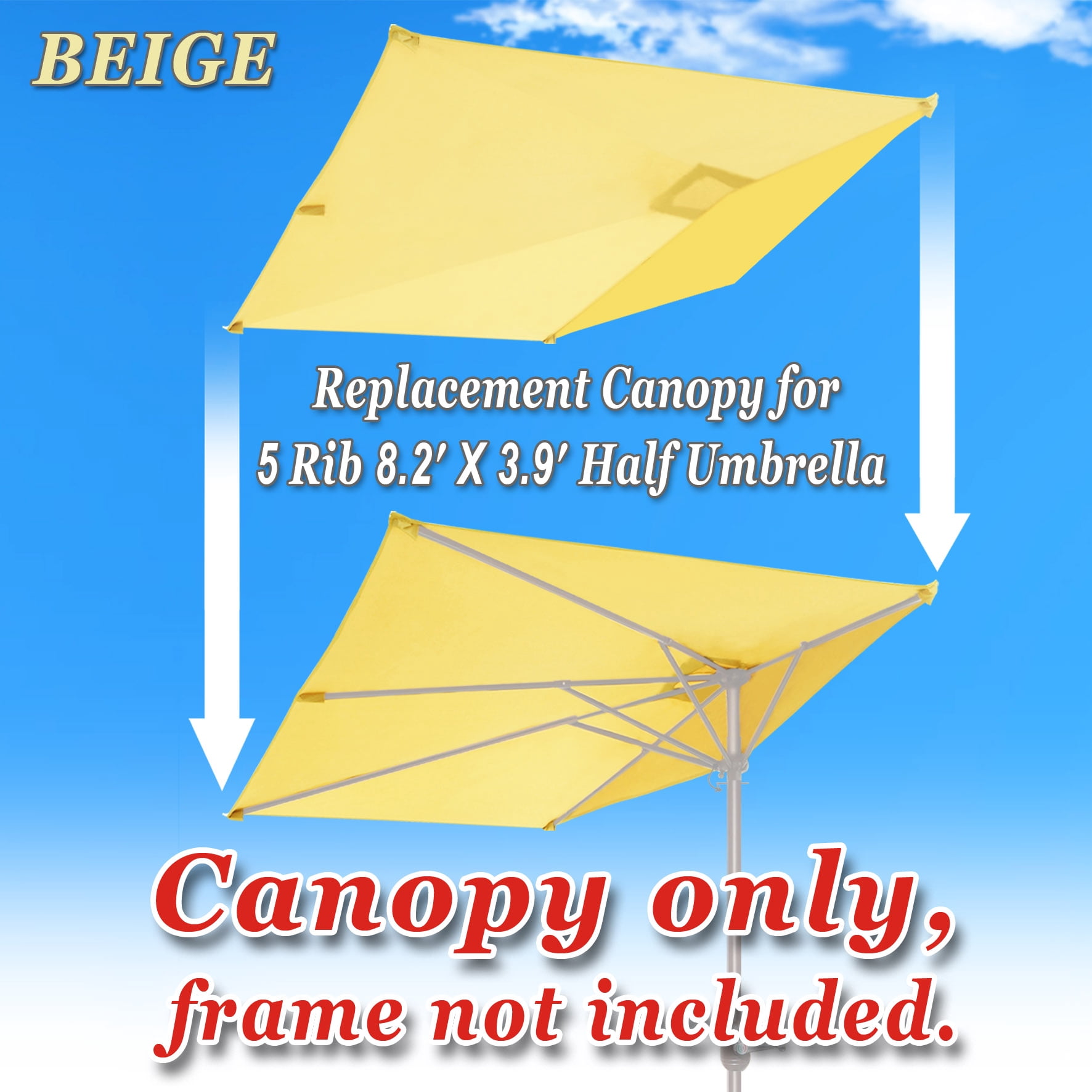 SUNNY Replacement Canopy Cover Only for 8.2X 3.9ft 5 Ribs Half Patio Umbrella (Beige)