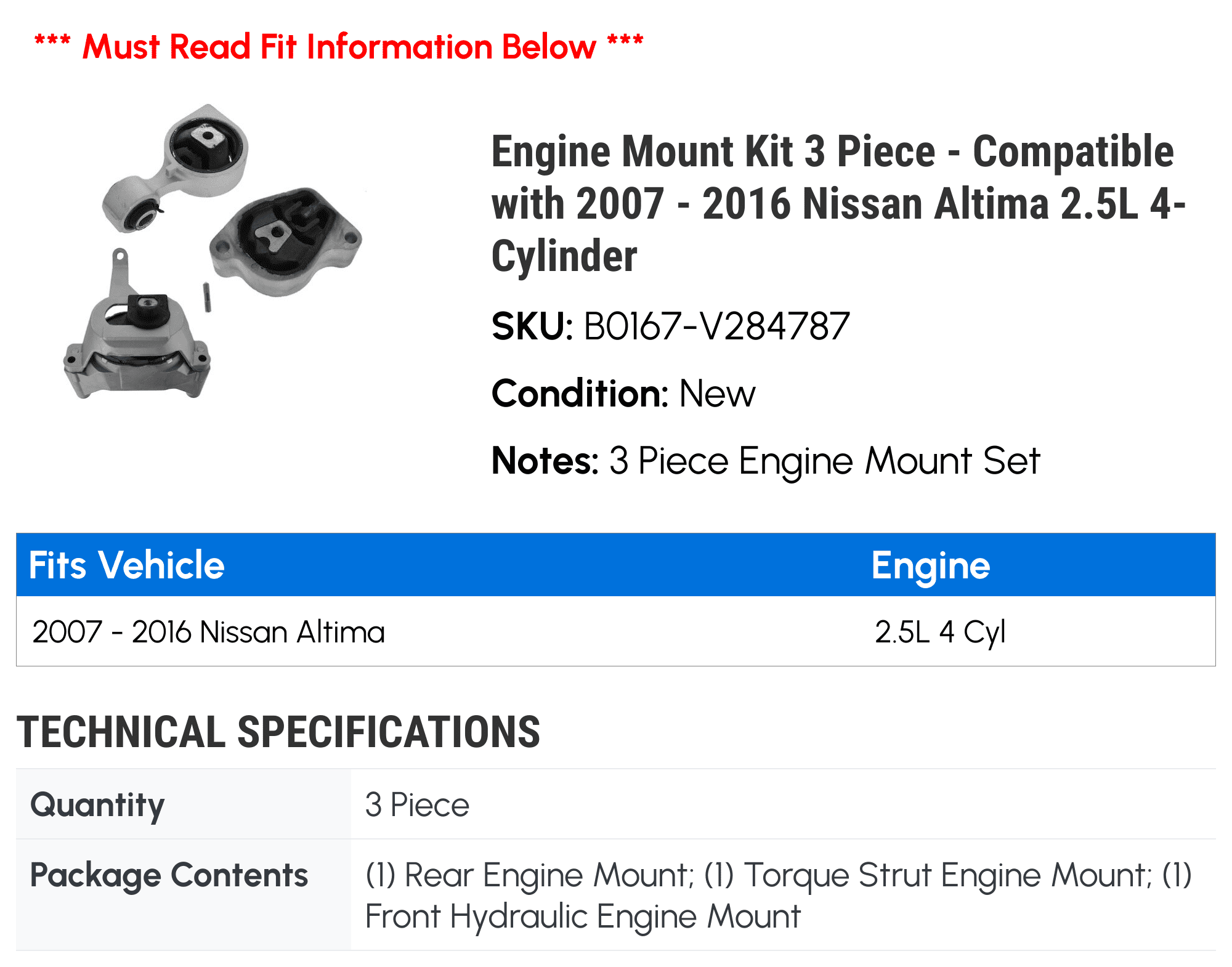Engine Mount Kit 3 Piece - Compatible with 2007 - 2016 Nissan Altima 2.5L 4-Cylinder 2008 2009 2010 2011 2012 2013 2014 2015