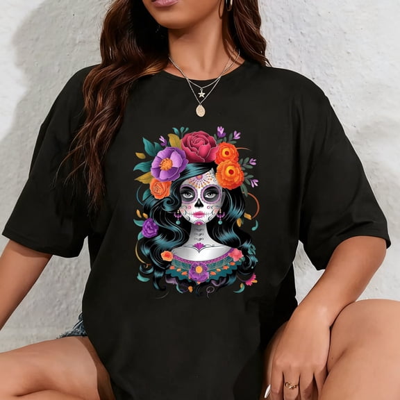 100% Cotton De Los Muertos La Catrina Day of the Dead Women Sugar Skull T-Shirt
