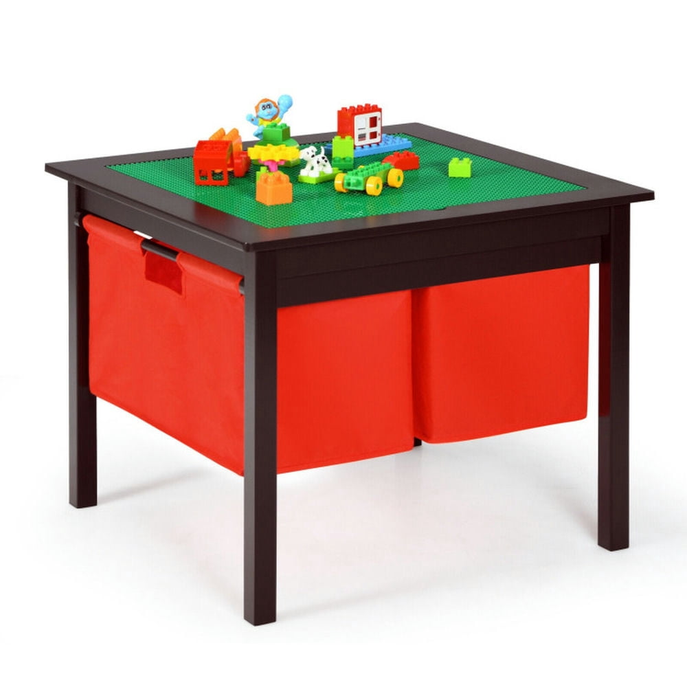 Spaco 2-in-1 Kids Double-sided Activity Building Block Table with Drawers-Brown, Toddler Table and Chair Set for Arts & Crafts, Snack Time, Homeschooling, Homework