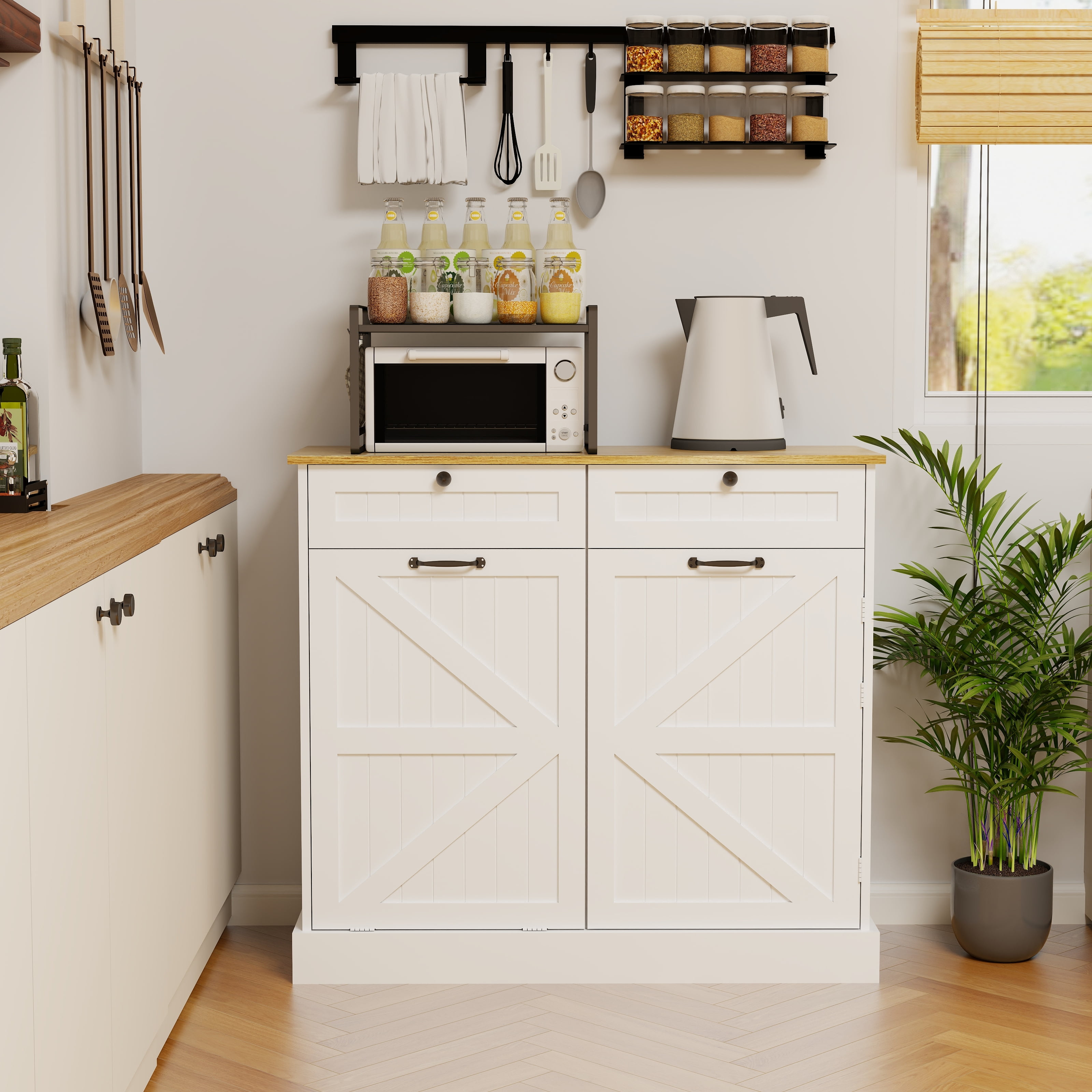 Mintazer Kitchen Trash Cabinet with 3‑Tier Storage Racks, Freestanding Storage Sideboard with 2 Drawers & Tilt‑Out 10‑Gallon Trash Compartment for Kitchen Dining Room, White