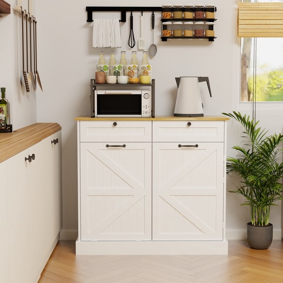 Storage Cabinet With 2 Drawers, Tilt Out Trash Can Cabinet With 1 Door With Storage Rack & 2 Shelves, Dog Proof Garbage Can Cabinet For Living Room Kitchen