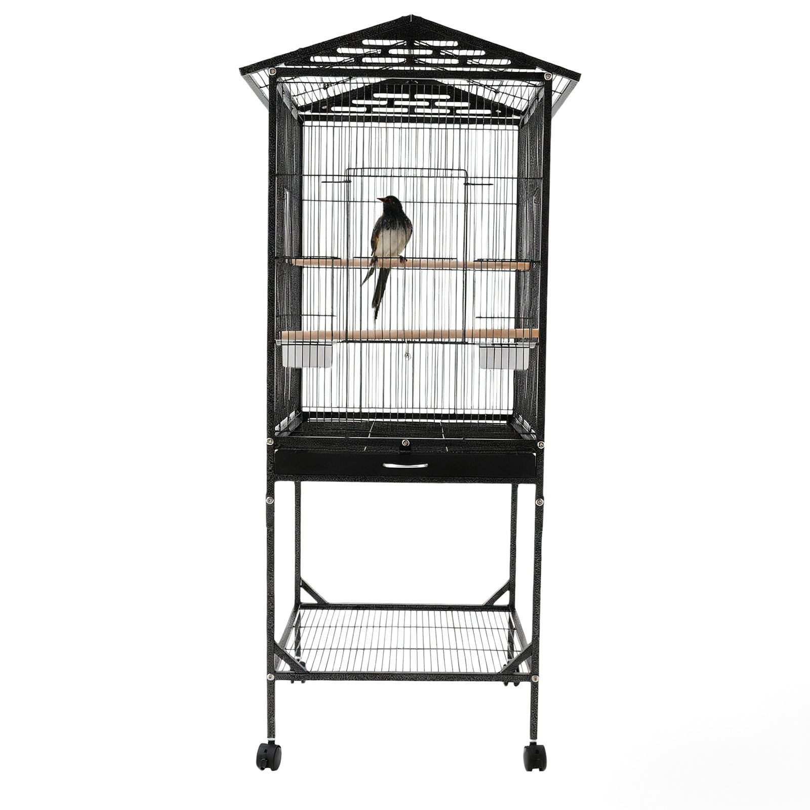 Metal Bird Cage, Bird Cage with Play Open Top, Bird Cage with Wheels for Homes, Living Rooms, Balconies, Pet Shops, and More (18.11*18.11*49.21in) (Black)
