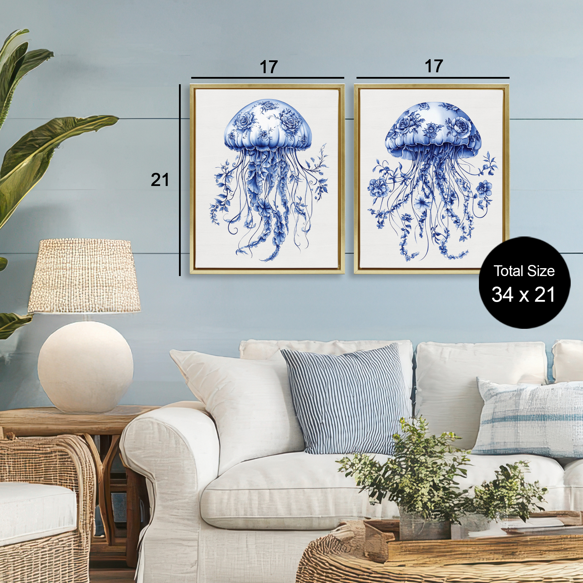 Funky Florals Toile Jellyfish 2 Piece Gold Framed Floater Canvas Set, design by Lettered and Lined