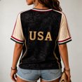 thumbnail image 5 of USA 2026 Soccer Cup Fan Jersey for Women, V-Neck Short Sleeve T-Shirt with Vintage Floral & Gold Letter Print, Breathable Casual Sports Tee Pullover Top, 1 PC Black L, 5 of 5