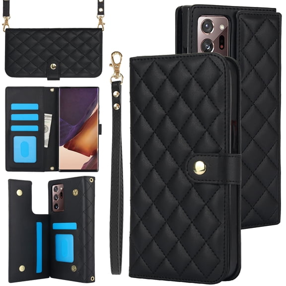 Case Wallet for Samsung Galaxy Note 20 Ultra, [Wristlet & Crossbody Strap] RFID Blocking 5 Card Slots Stand [Shockproof TPU Shell] PU Leather Magnetic Flip Cover for Note 20 Ultra, Black