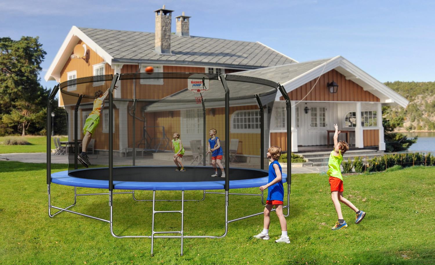 Green Hootata 14FT Trampoline with Enclosure Net Large Trampoline with Basketball Hoop and Ladder Capacity for 6-9 Kids and Adults Outdoor Backyard Trampoline for All Ages 