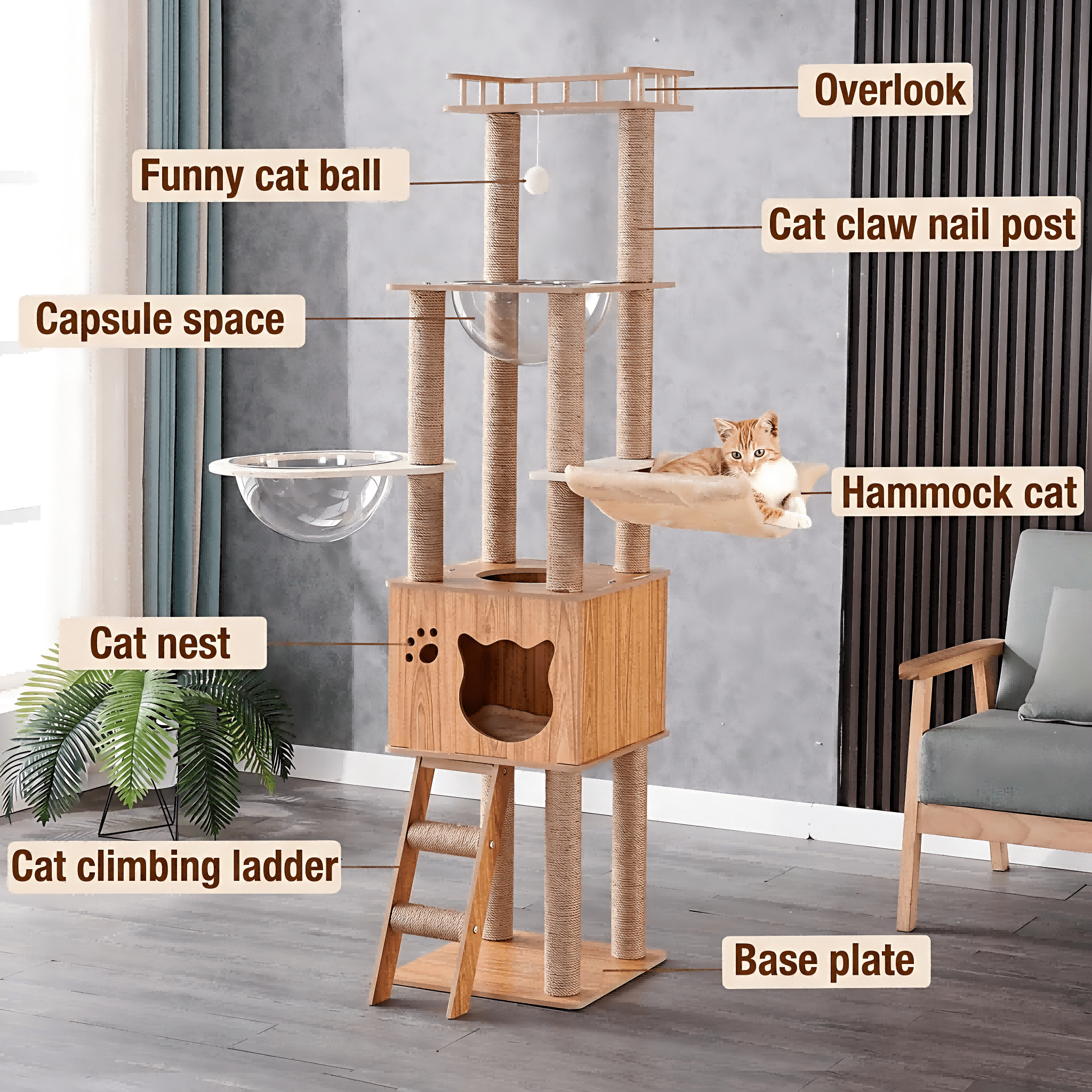 Mekidulu 61in Tall Wooden Cat Tree with 2 Transparent Capsule Pods, 6-Level Heavy Duty Wood Cat Tower for Large Cats, Dark Wood