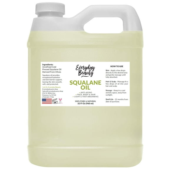 Squalane Oil Bulk- 32 oz 100% Pure & Natural Plant Derived Facial Oil - Cold Pressed and Unrefined Premium Grade Multipurpose Moisturizing Oil For Skin and Hair