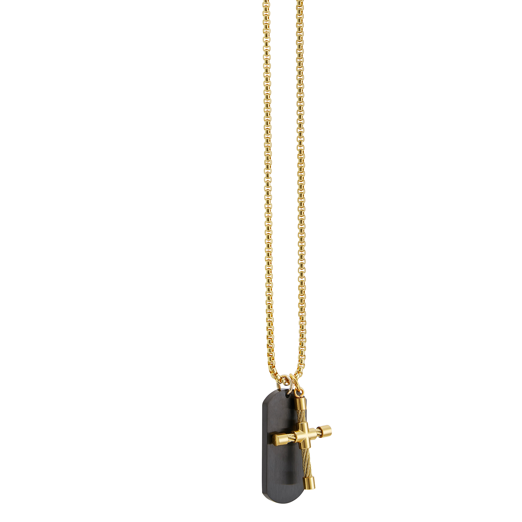 American Exchange Stainless Steel Gold/Black Cross Dog Tag Pendant Necklace Set for Men