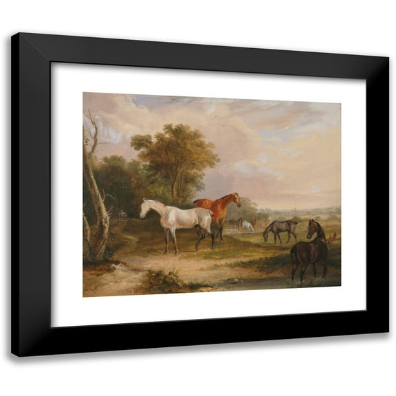 Francis Calcraft Turner 14x12 Black Modern Framed Museum Art Print Titled - Horses Grazing; a Grey Stallion Grazing with Mares in a Meadow (1830)