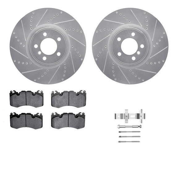 Dynamic Friction Company Front Brake Rotors-Drilled and Slotted-Silver with 5000 Euro Ceramic Brake Pads includes Hardware 7612-11018