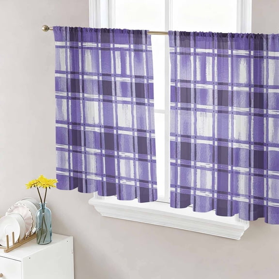 Sheer Curtains 45 Inch Length 2 Panels Set for Kitchen, Purple Plaid Semi Sheer Curtains for Windows, Modern Art Checkered Farmhouse Voile Window Treatments Rod Pocket Curtain