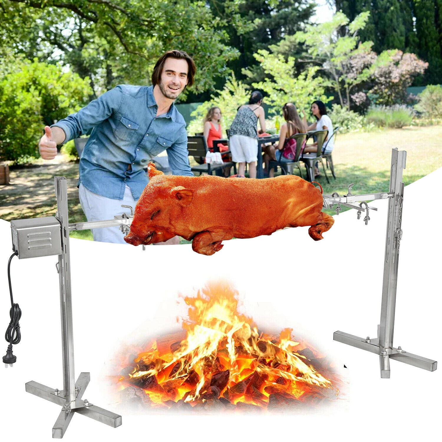 YouLoveIt Large Stainless Steel BBQ Rotisserie Kit Spit Roaster
