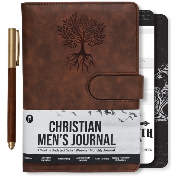 Leather Christian Bible Prayer Journal For Men - Study Scripture Notebook & Planner Undated Religious Daily Devotional, Tree of Life