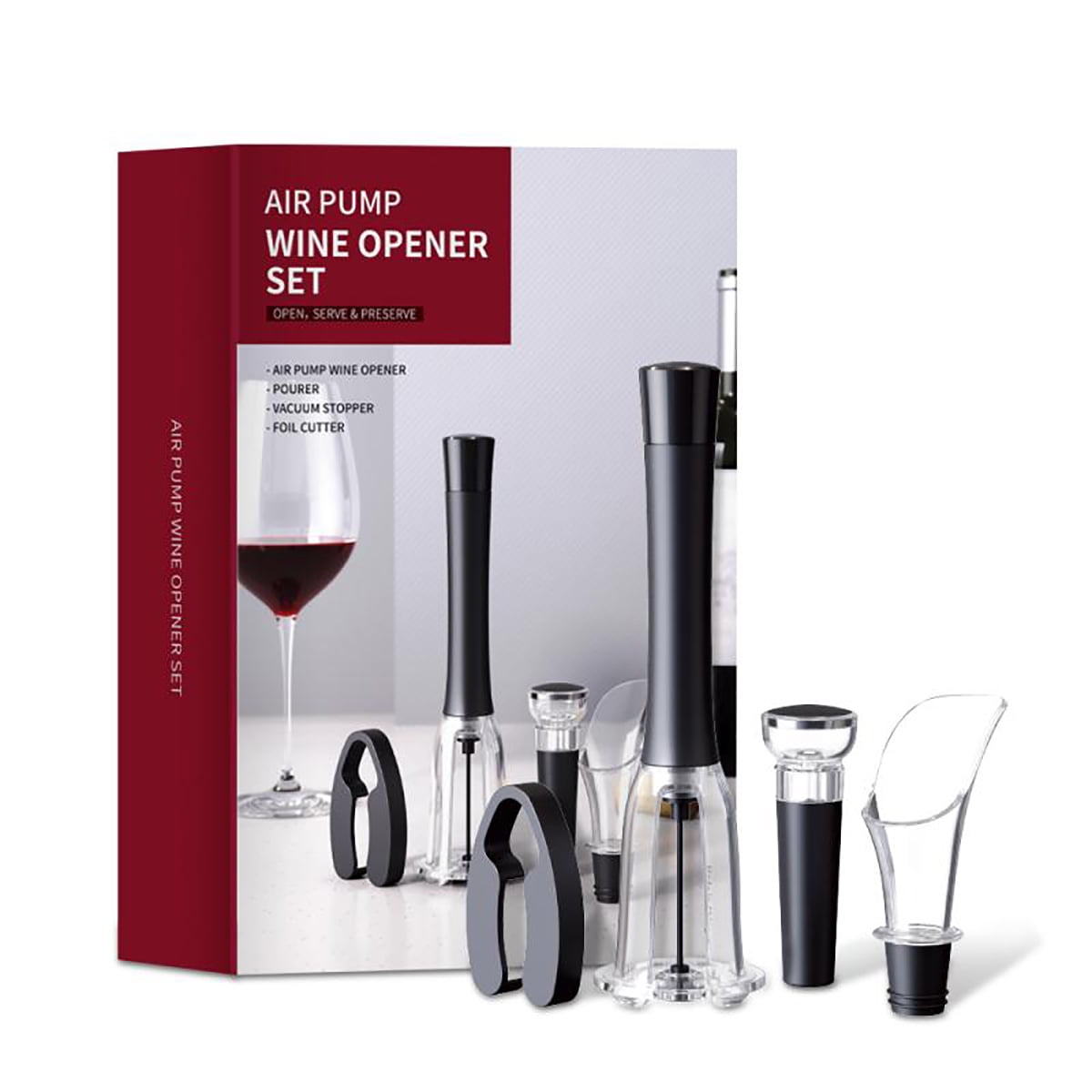 Kepooman Stainless Steel Wine Air Pressure Pump Bottle Opener Set with Foil Cutter & Aerator Pourer & Vacuum Stopper, Set of 4, Black Kepooman Stainless Steel Wine Air Pressure Pump Bottle Opener Set with Foil Cutter & Aerator Pourer & Vacuum Stopper, Set of 4, Black