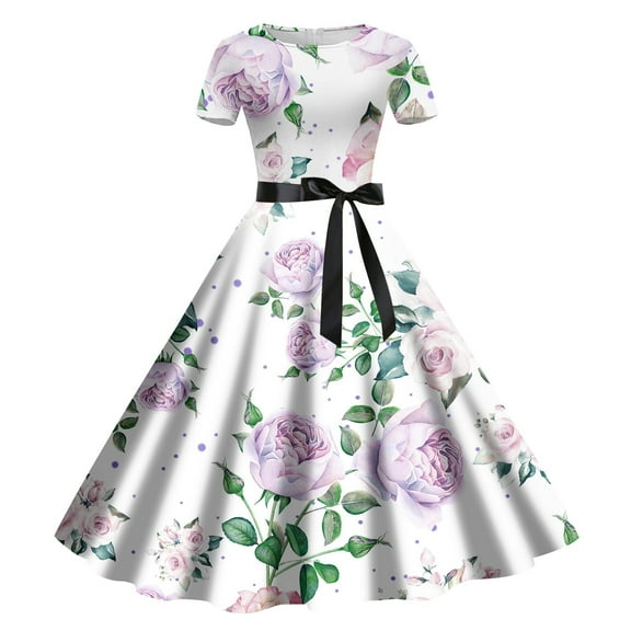 Women's Floral Print Casual Dress Style Round Neck Short Sleeve Comfortable Summer Skirt Elegant Feminine Outfit