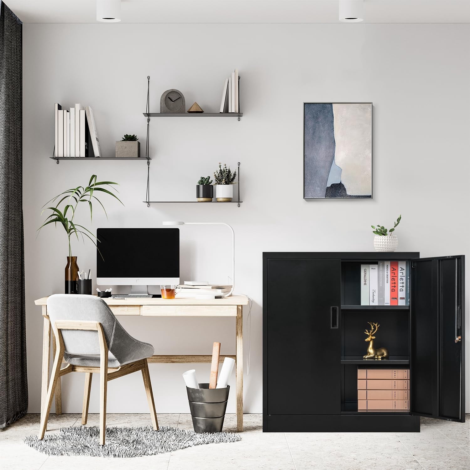 AINUO Black Locking Metal Storage Cabinet with Doors and Adjustable Shelves, 36.2" H x 31.5" W x 15.7" D Steel Lockable Cabinet for Home Office, Garage, Utility Room and Basement