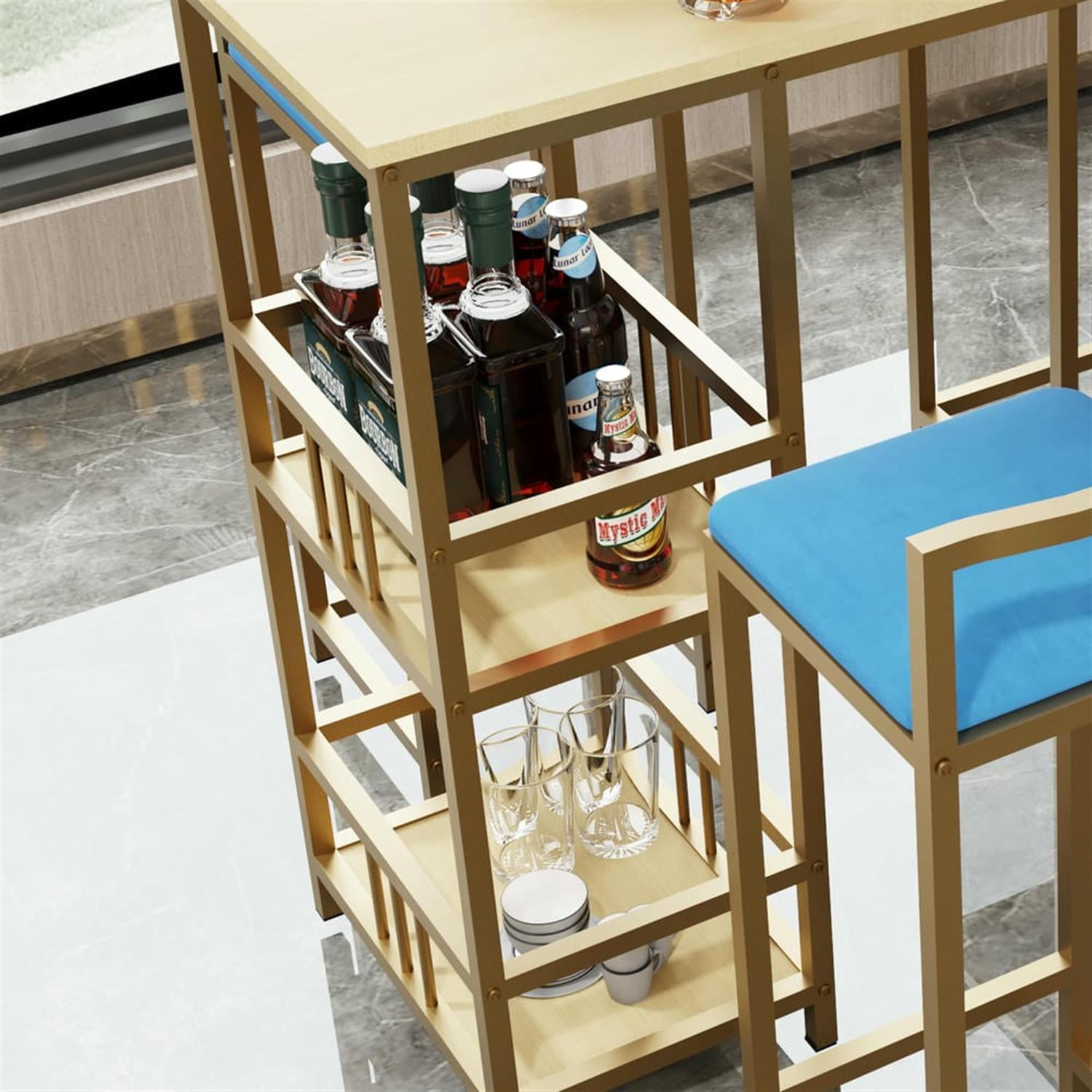 Demi Bonn 5-Piece Dining Table Set with 4 Upholstered Bar Stools and Storage, Kitchen Bar Table Furniture Sets for Dining Room, Apartment, Blue