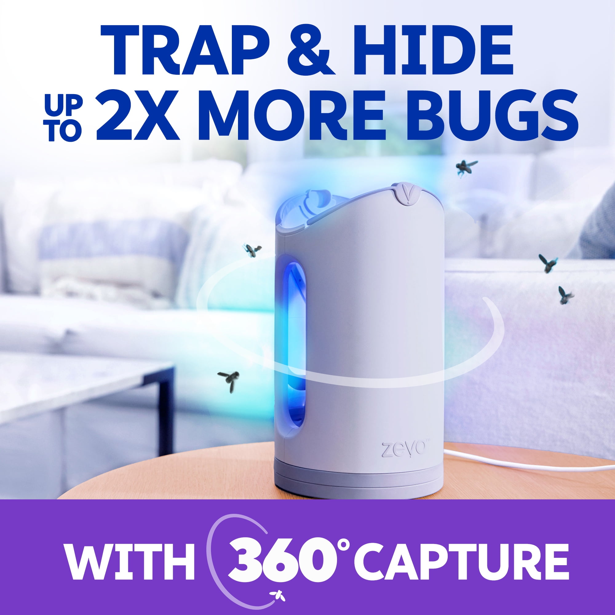 Zevo Max Flying Insect Indoor Fly Trap: Easy, Mess-Free Solution - Light Trap Catches & Kills House Flies, Fruit Flies, Gnats, & More (1 Plug in Device & 4 Cartridges)