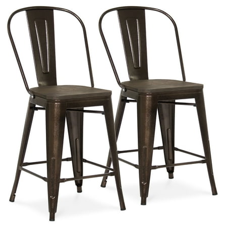 Kitchen Counter With Bar Stools Best Choice Products 24in Set of 2 Modern Industrial Metal Counter Height Stools w/ Wood Seat, High Backrest, Rubber Feet for Kitchen and Bar, Brown ()