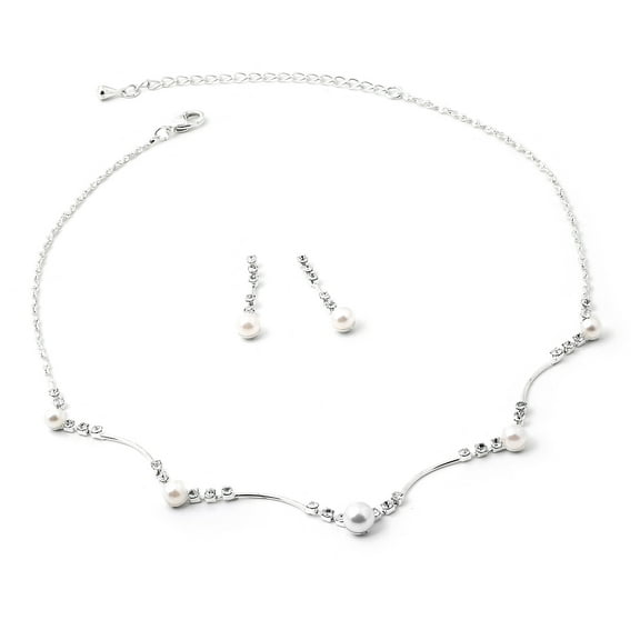 Silver Crystal Rhinestone with White Pearls Necklace and Matching Dangle Earrings Jewelry Set