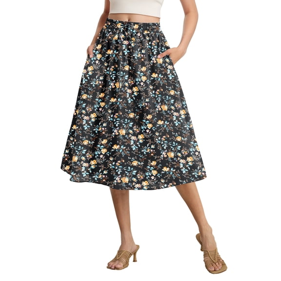 Gleelist Womens Midi Skirts with Pockets A-Line Casual High Waist Elastic Western Flowy Skirts for Women S-XXL