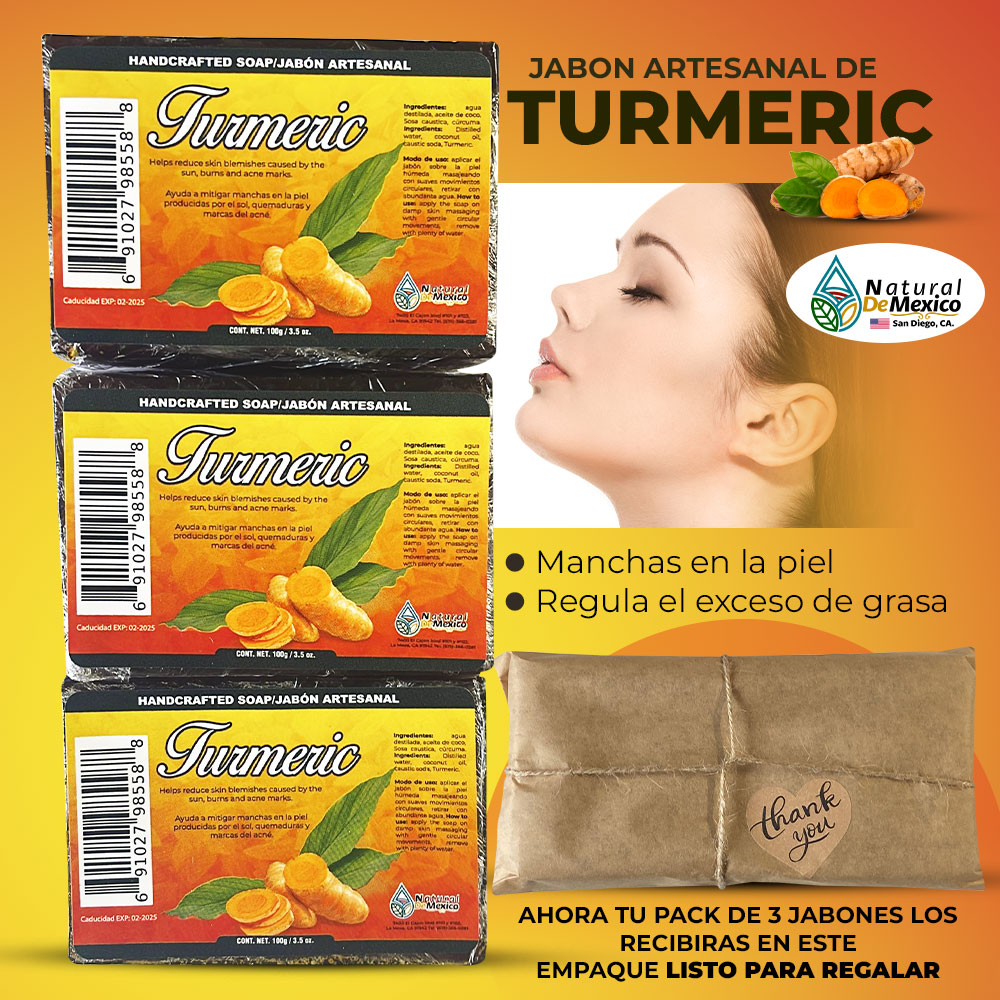 Jabon de Turmeric/Curcuma en Barra Pack de 3, Organic Turmeric Soap