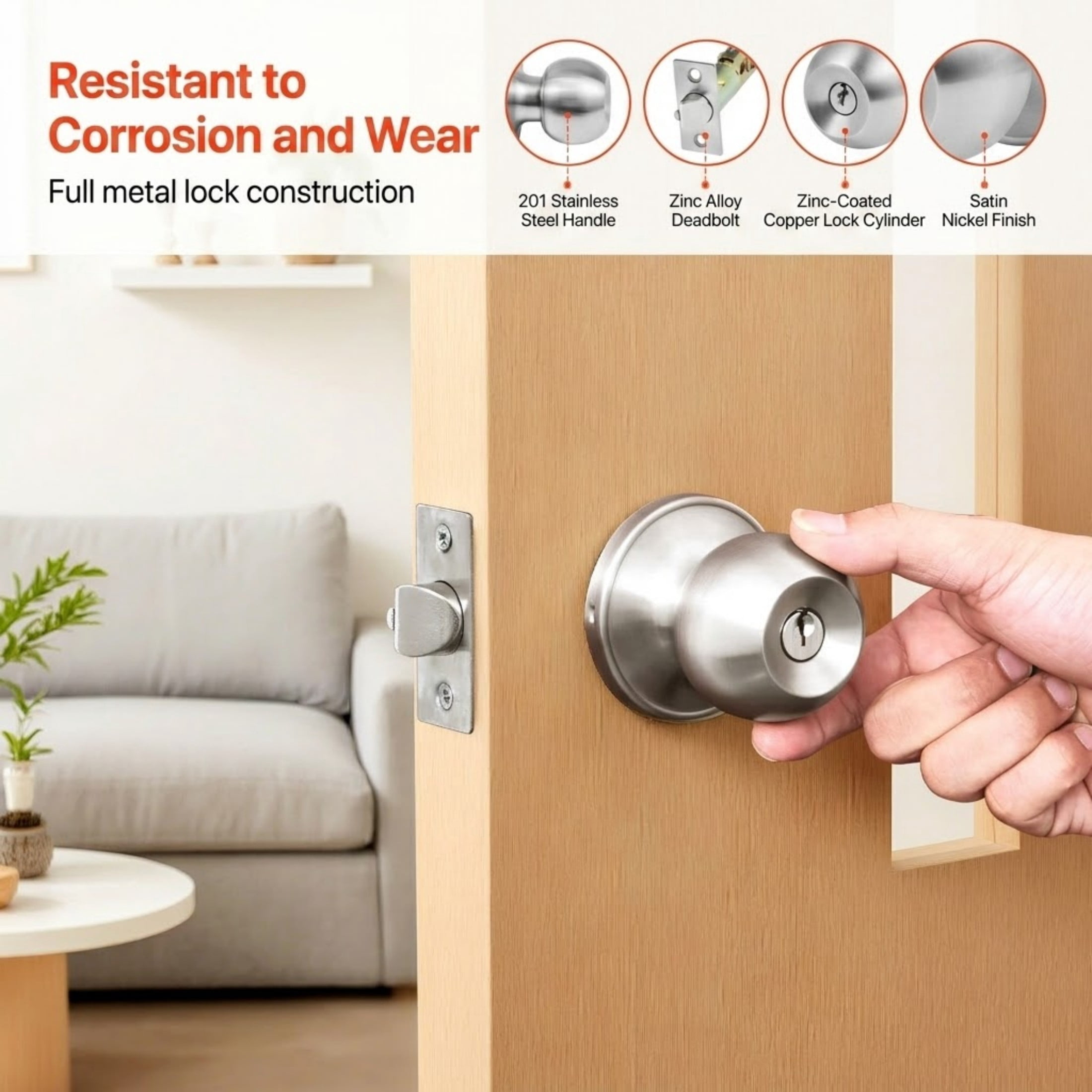 Satin Nickel Keyed Entry Door Knob, Modern Round Ball Lockset with Thumb Turn Interior and Keys, All-Metal Hardware for Bedroom and Bathroom