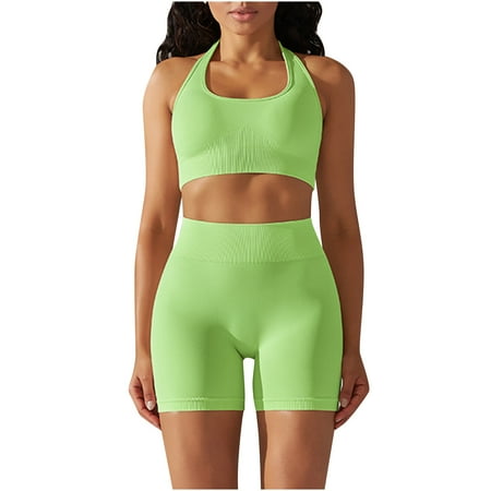 Abomasnow Workout Sets for Women 2 Piece Seamless Gym Athletic Yoga Outfits Halter Neck Backless Sports Bra High Waist Biker Shorts on Clearance