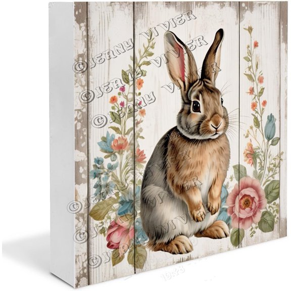 Rabbit Wooden Box Sign Boho Bunny Gifts Funny Easter Decorations for Table Rustic Wood Cabin Farmhouse Desk Decor Small Wooden Plaque Decor Wood Block Signs 5x5 In