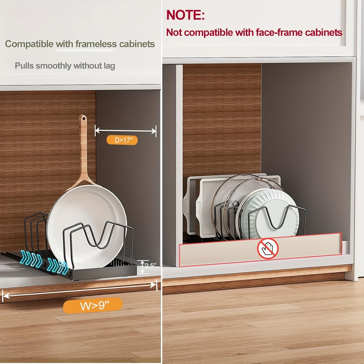 Pots And Pans Organizer for Under Cabinet - 2pcs Pull Out Pot Lids Organizer Rack - Pot Lid Holder with 8 Adjustable Compartment for Kitchen Cabinet Cookware Baking