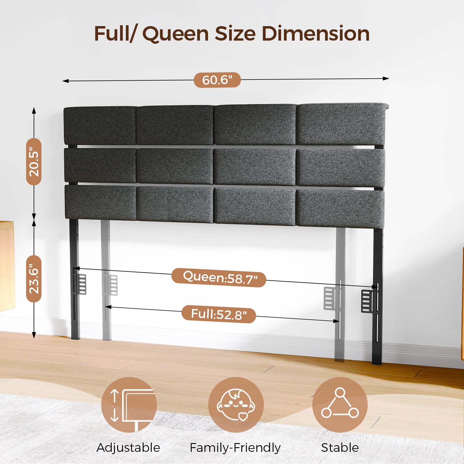 Adjustable Upholstered Headboard for King/California King, RGB LED, Charging Station, Dark Grey