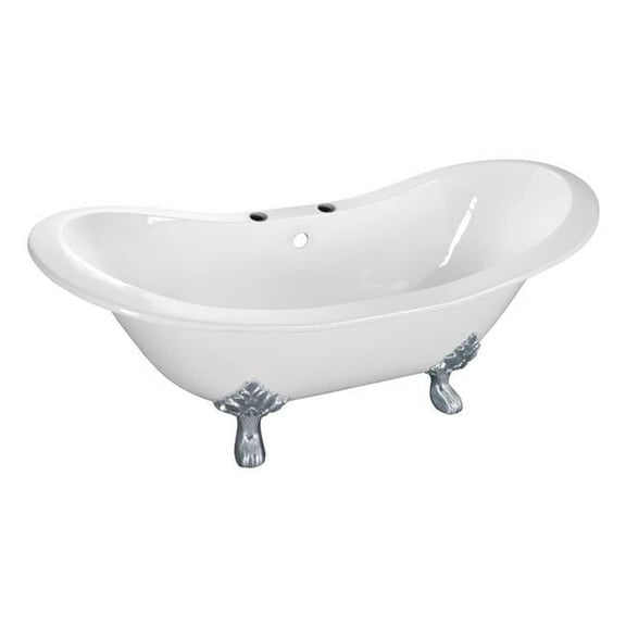 61 in. Cast Iron Double Slipper Clawfoot Tub with 7 in. Faucet Drillings - Polished Chrome, White